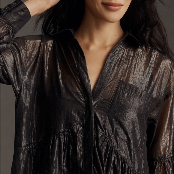 Pilcro Long Sleeve V-Neck Metallic High Low Dress. Size XS. - Picture 3 of 7